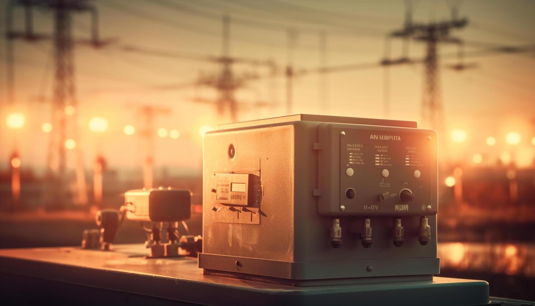 Sunset over factory machinery, steel, power generation, electricity, industry generated by AI photo