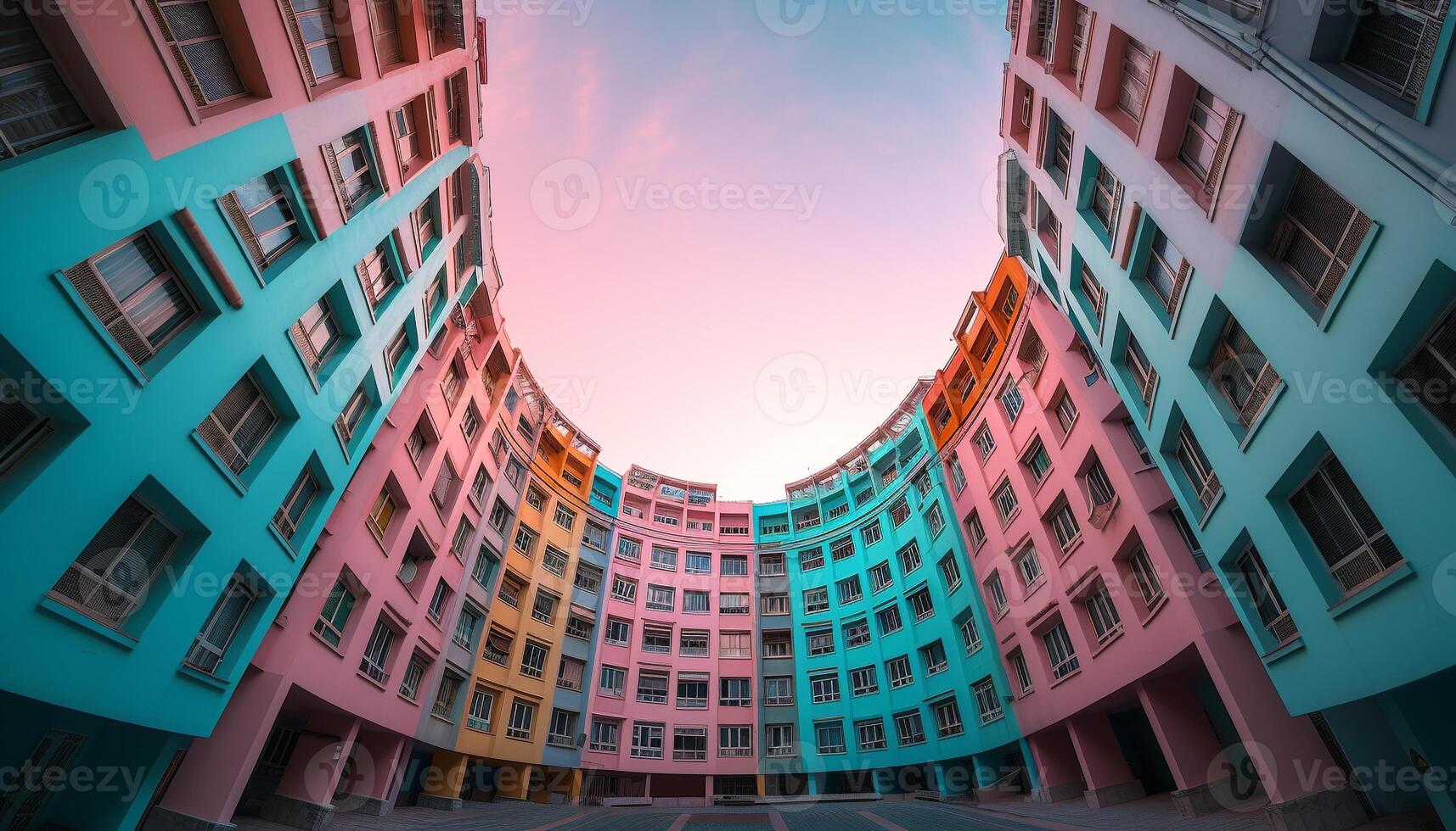 A futuristic skyscraper reflects vibrant city life at dusk generated by AI photo