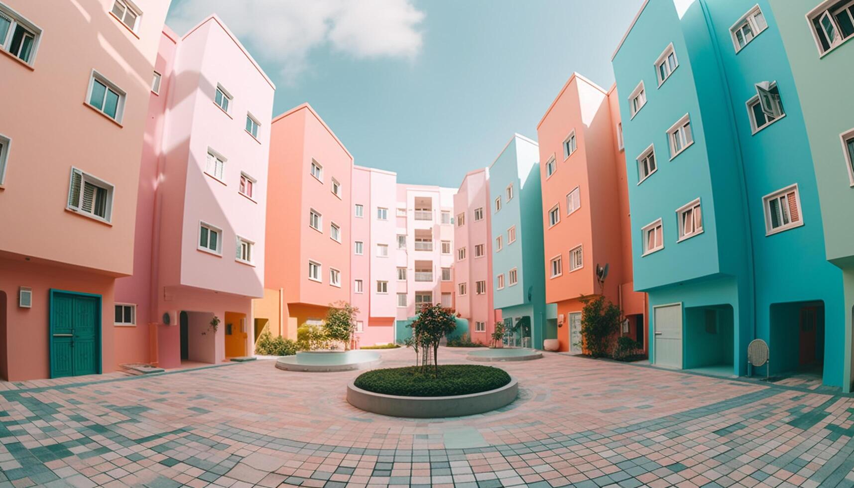 moderno rascacielos con rosado y azul fachada pasa por alto ciudad vida generado por ai foto