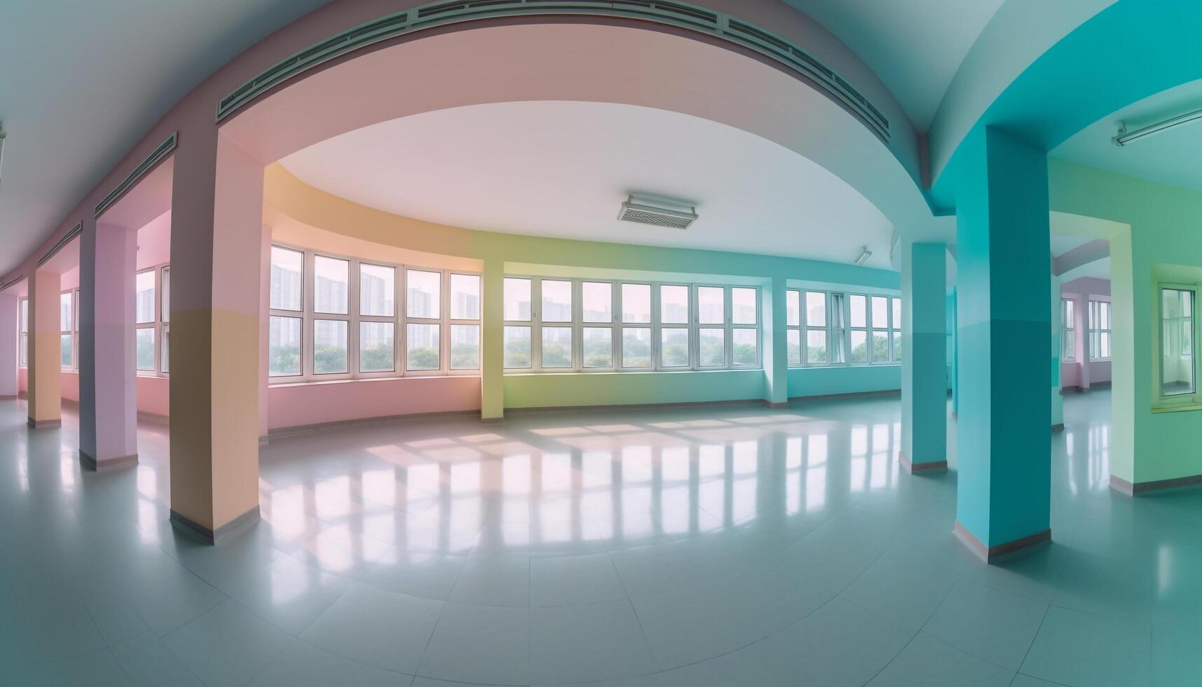 The modern office lobby clean design features futuristic glass architecture generated by AI photo