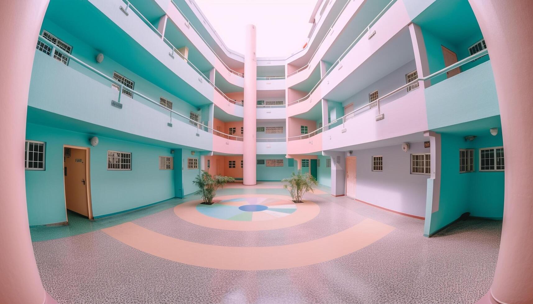 The modern office corridor features futuristic glass architecture and clean design generated by AI photo