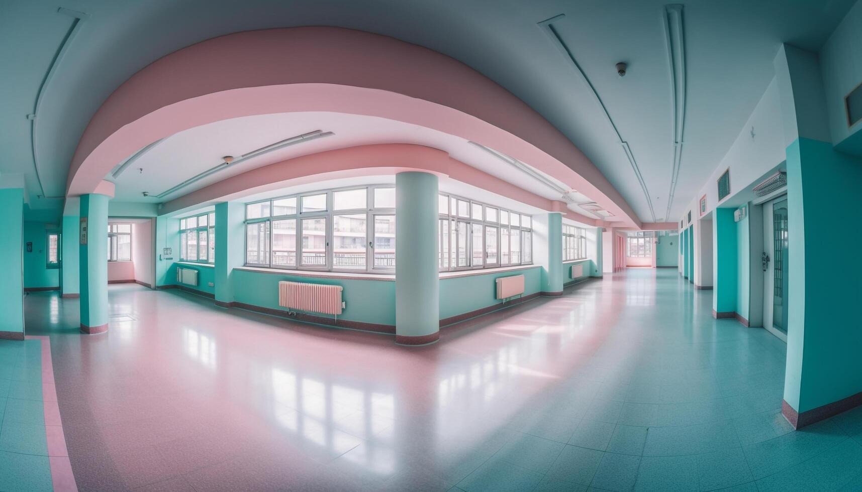 The futuristic office lobby is illuminated by blue lighting equipment generated by AI photo
