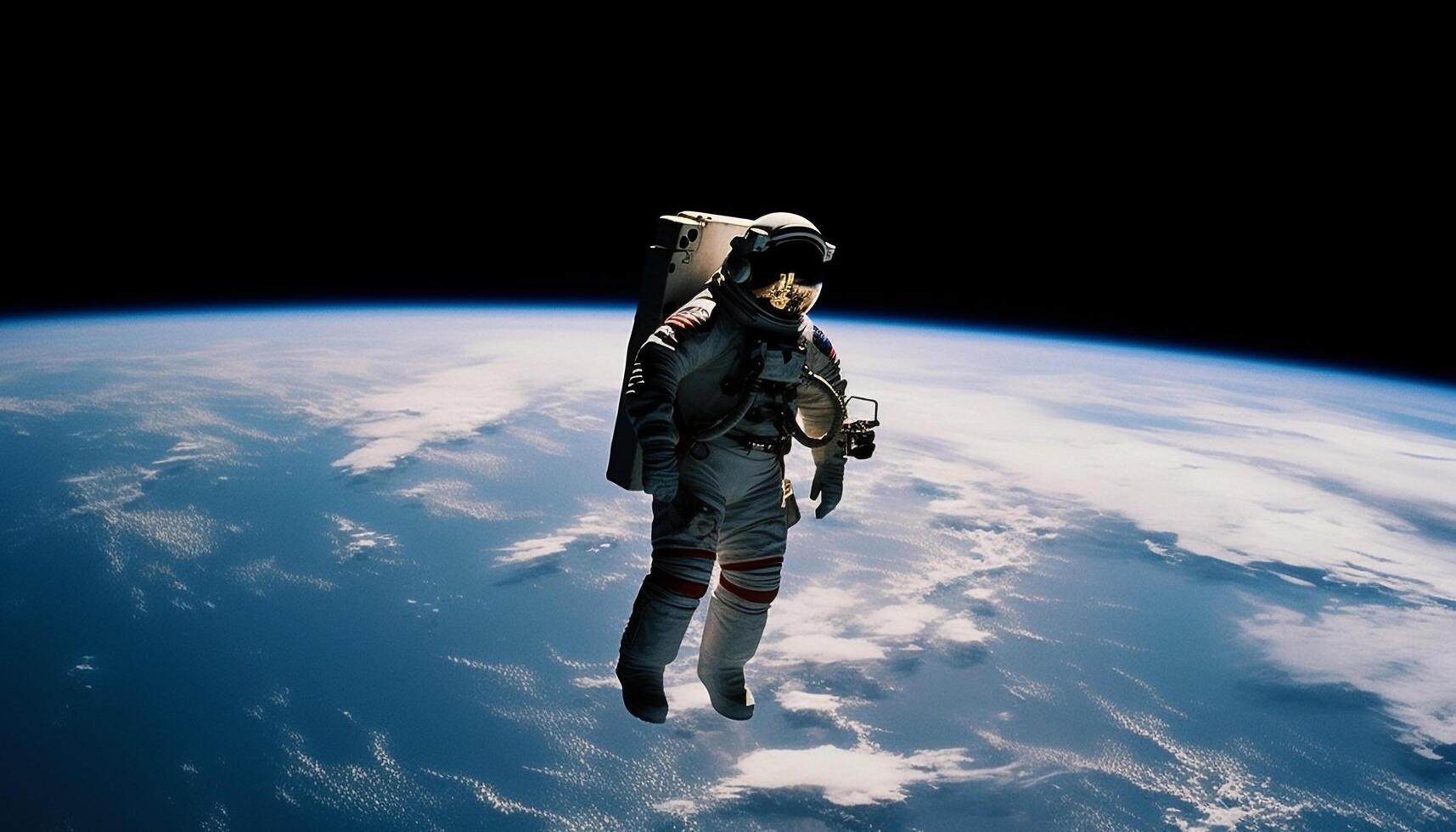 Futuristic businessman in space suit standing on blue planet, exploring generated by AI photo