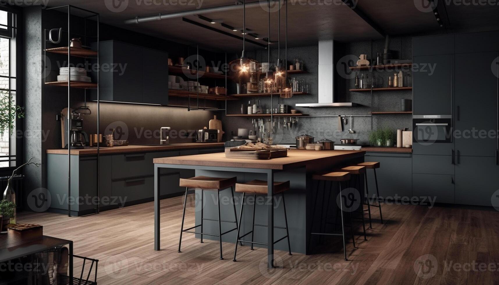 Modern kitchen design with elegant wood cabinets and stainless steel appliances generated by AI photo