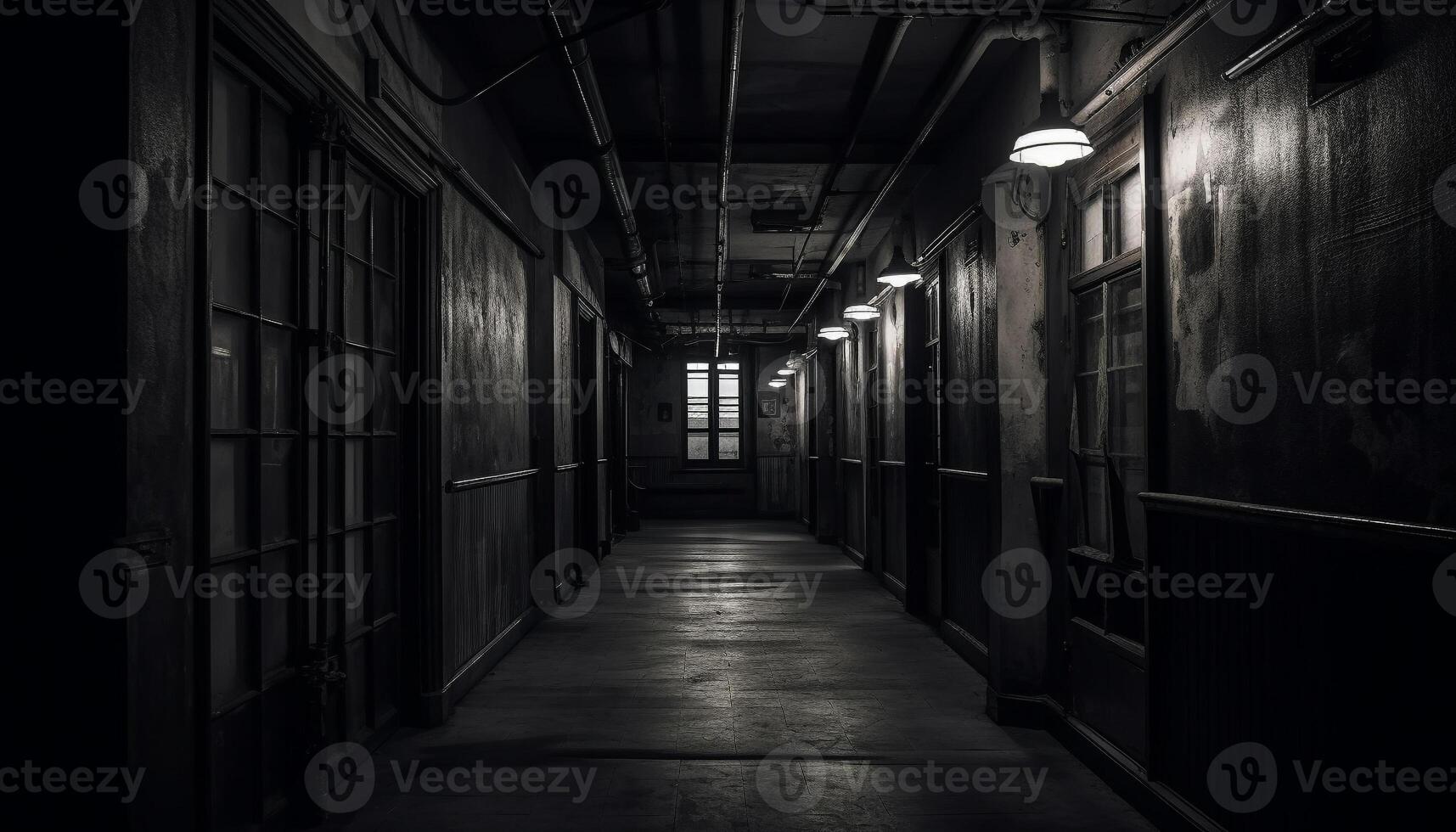 The spooky old hospital abandoned entrance hall had a dimly lit corridor generated by AI photo