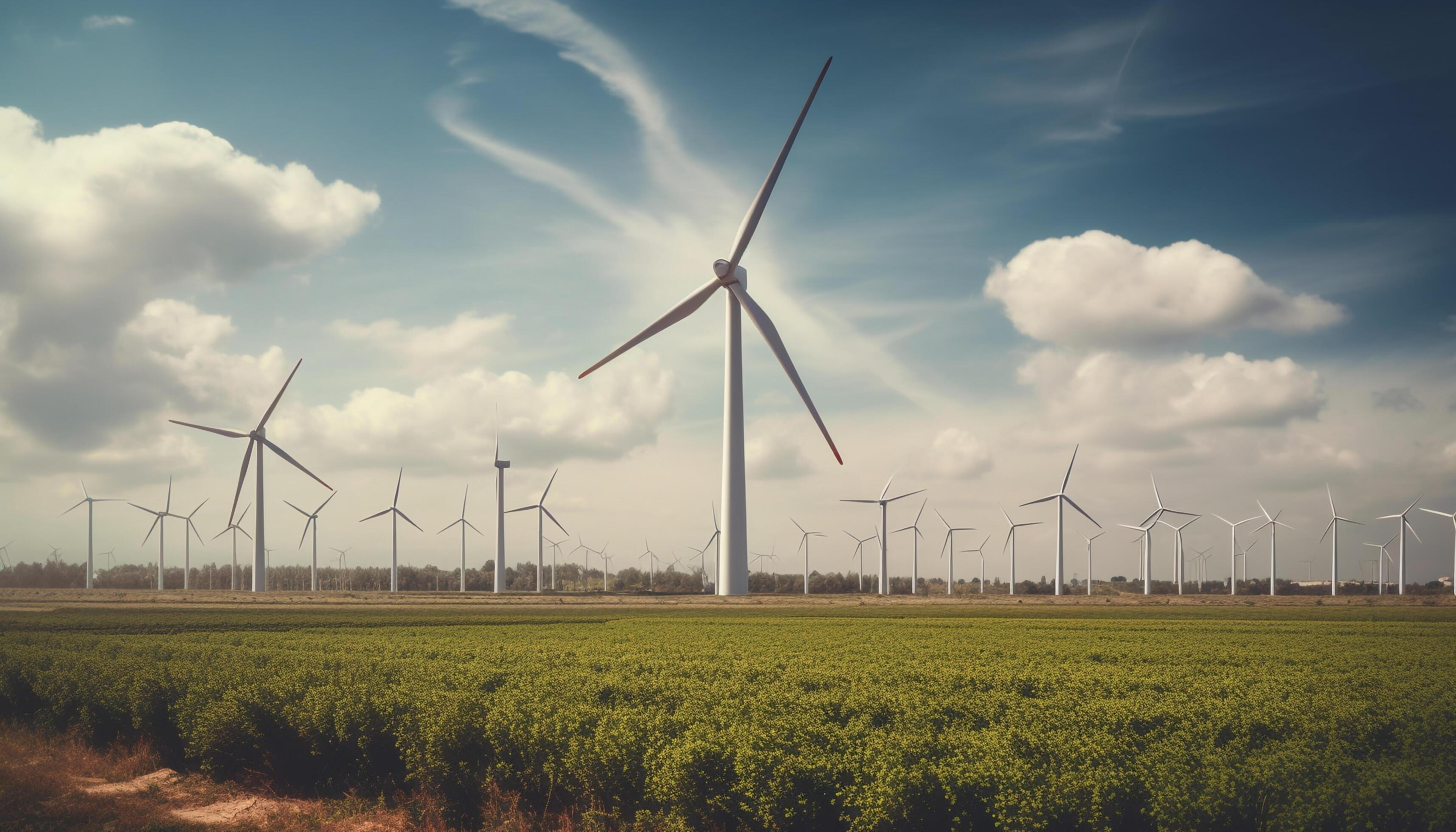 Wind turbines spinning in a row, powering sustainable progress