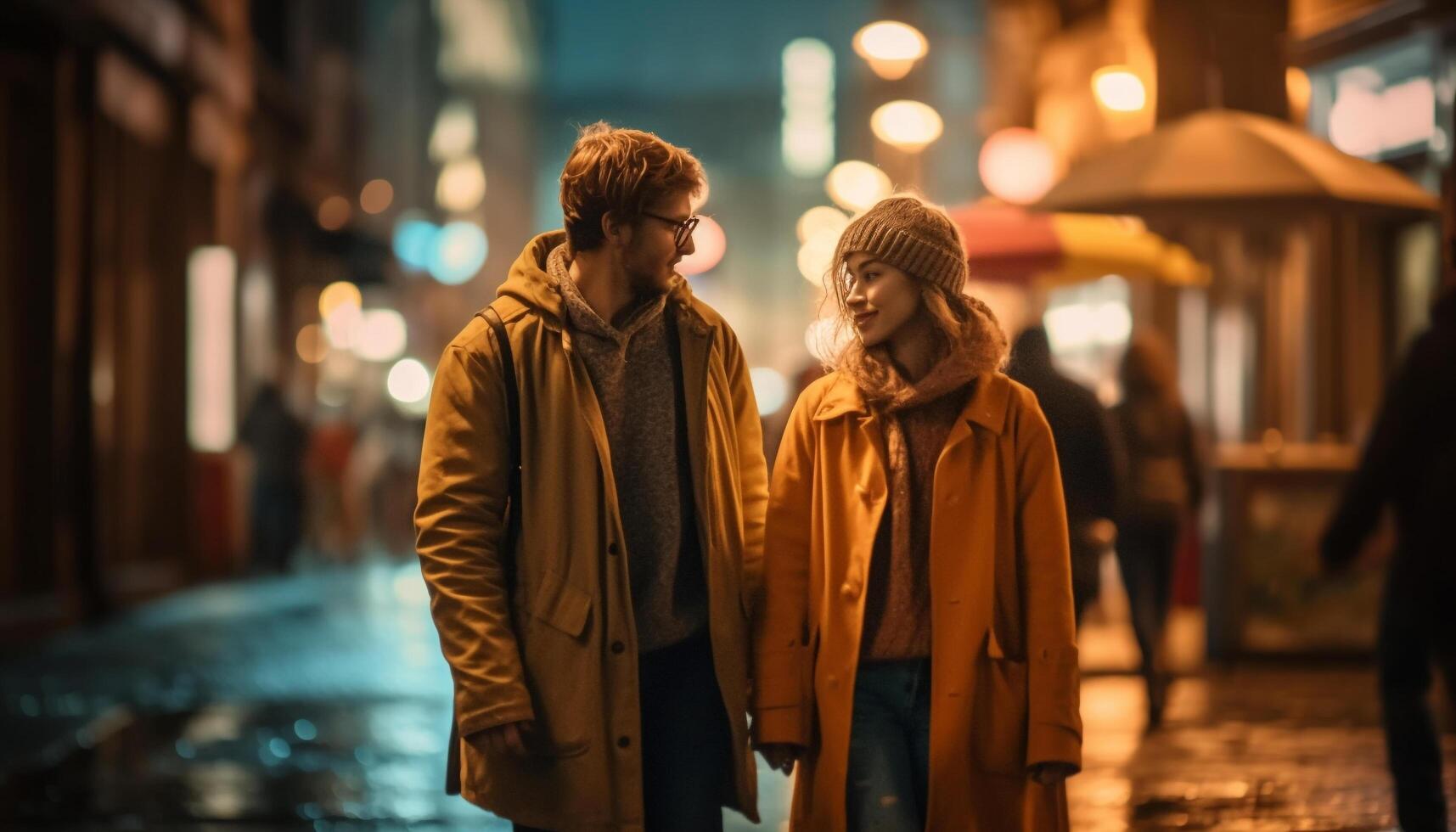 Two young adult males, Caucasian ethnicity, smiling in warm clothing generated by AI photo