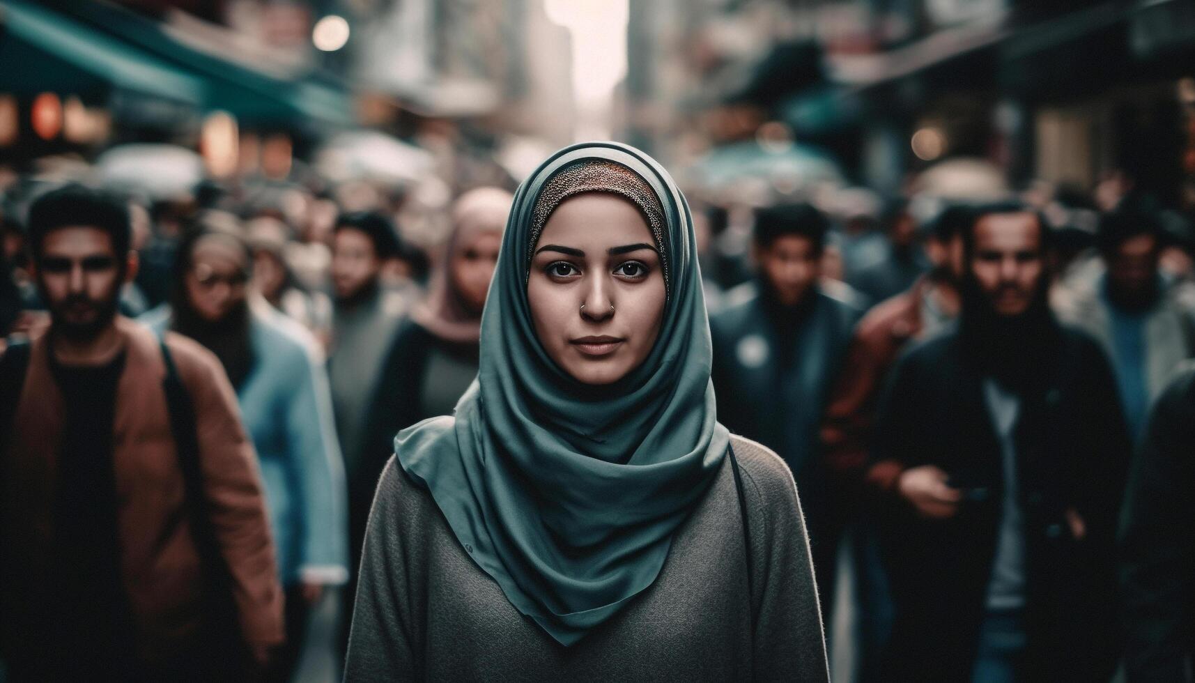 un sonriente joven mujer en hijab mirando a cámara con confianza generado por ai foto