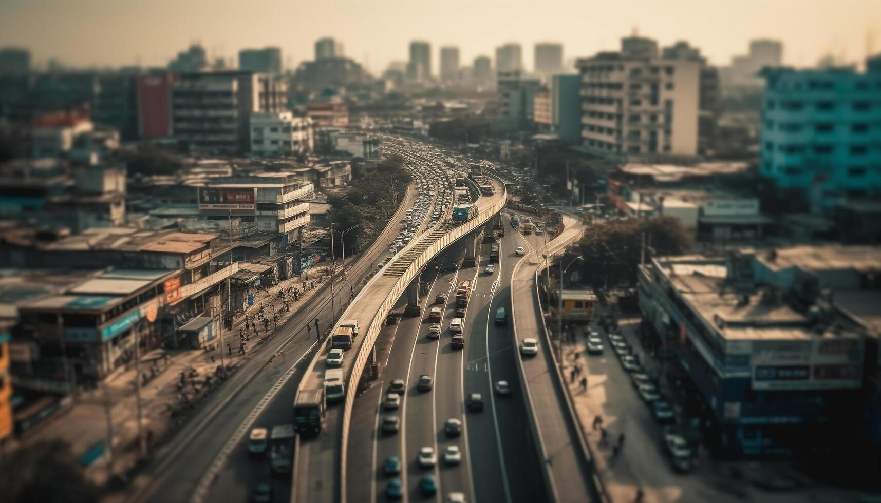 Rush hour traffic blurs city skyline, illuminated by street lights generated by AI photo