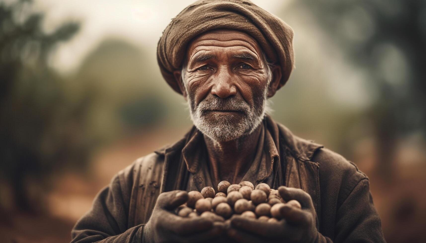 Smiling farmer holds mustache, wrinkles show indigenous culture in agriculture generated by AI photo