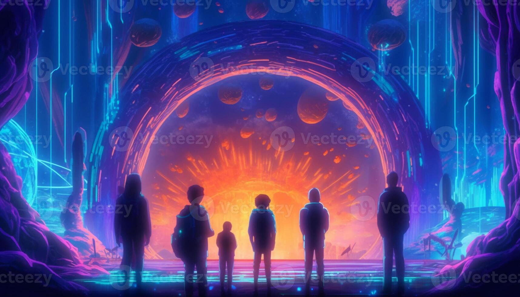 A glowing silhouette of a business team standing in togetherness generated by AI photo