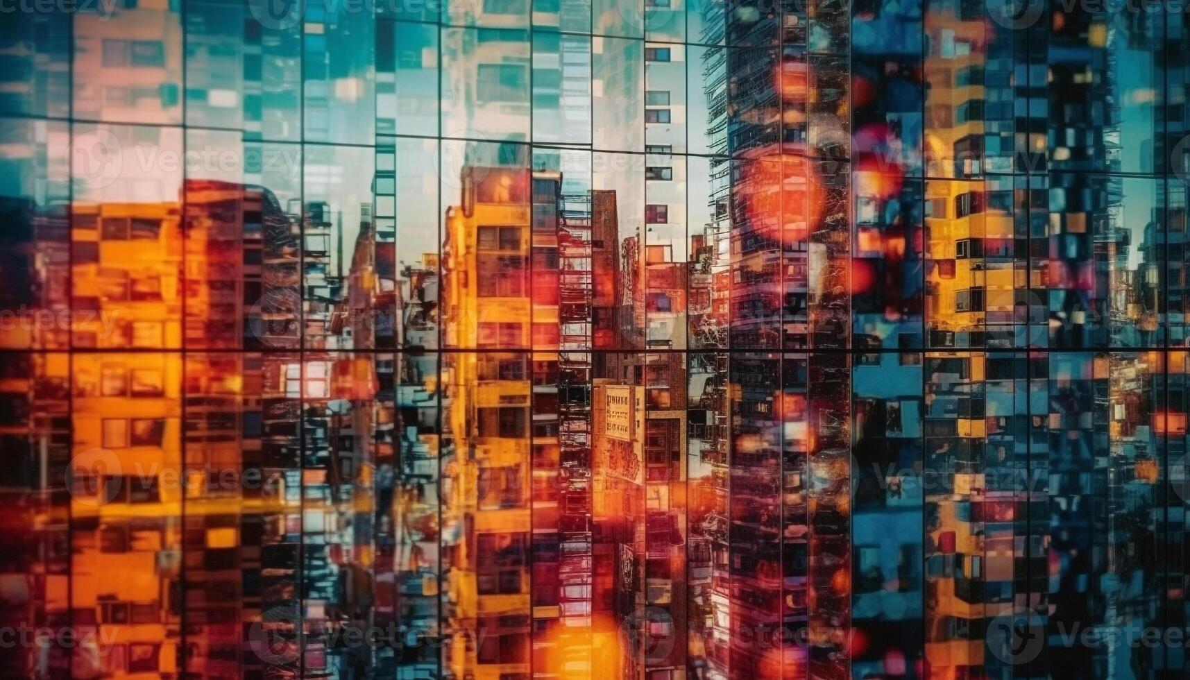 Futuristic skyscraper illuminates city skyline with multi colored abstract patterns generated by AI photo