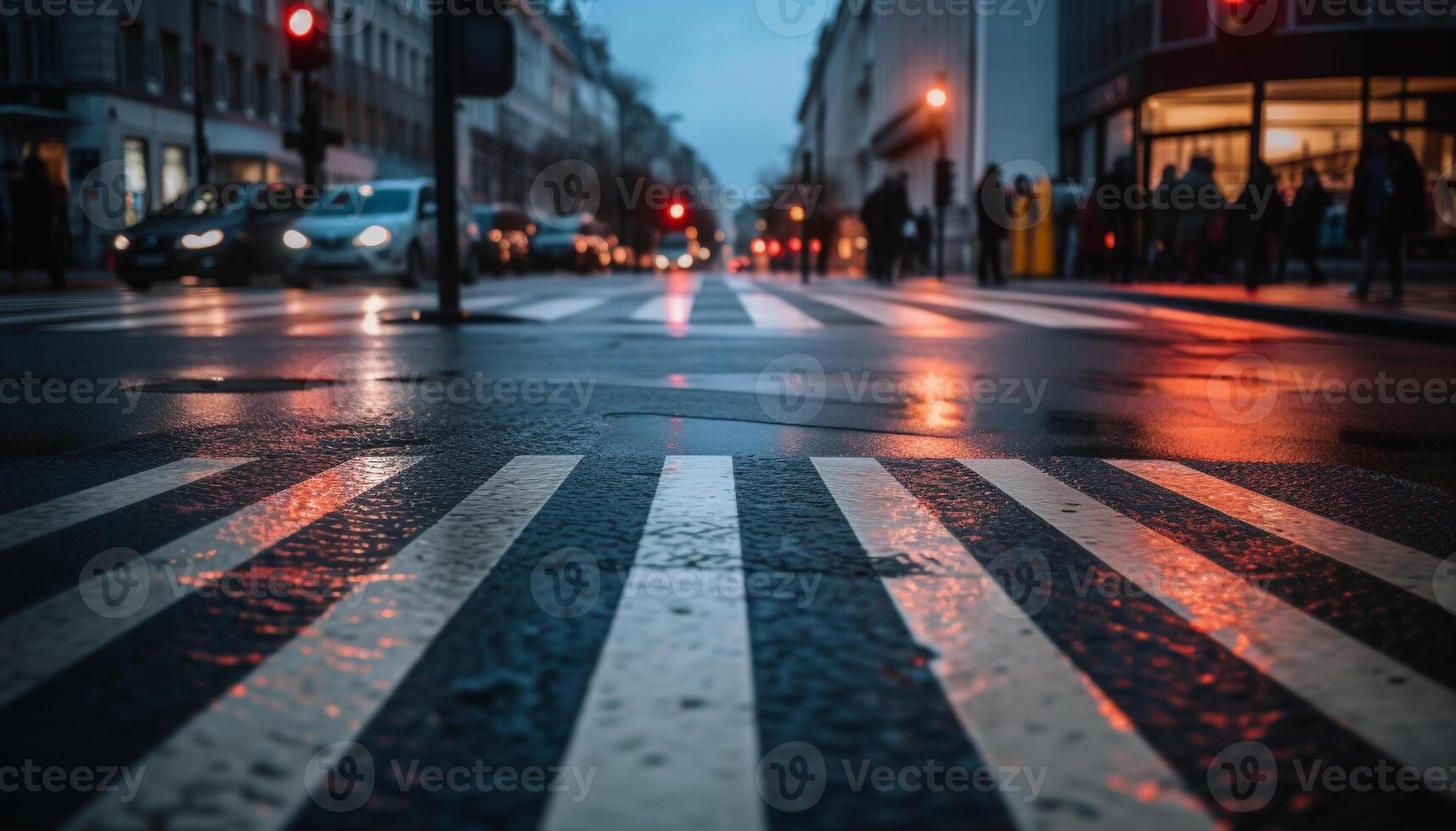 lluvioso ciudad noche, tráfico desenfoques, iluminado arquitectura, peatones cruzar generado por ai foto