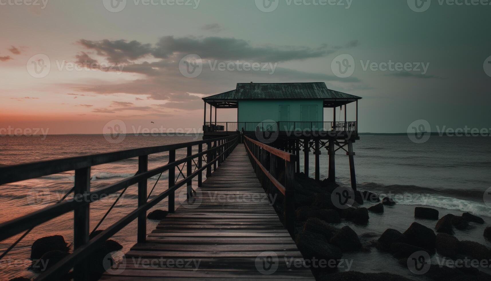 Silhouette of an old hut on waters edge at dusk generated by AI photo