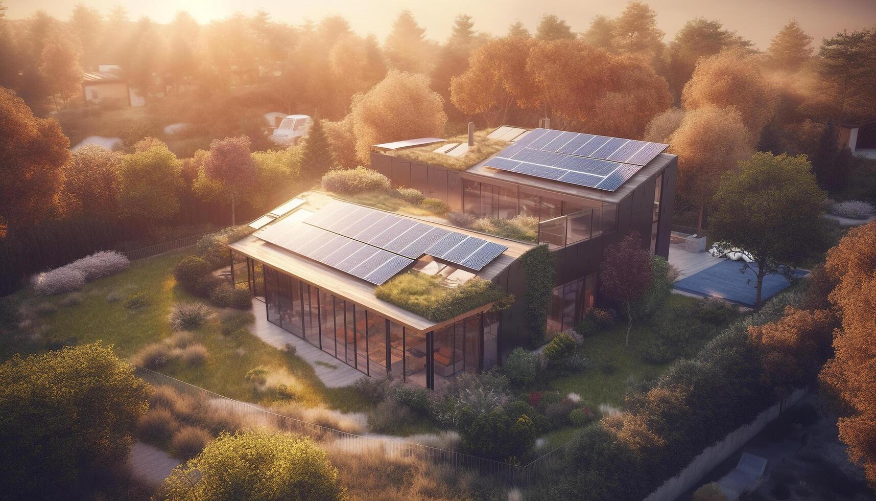 Modern solar panel farm generates electricity for rural landscape at dusk generated by AI photo