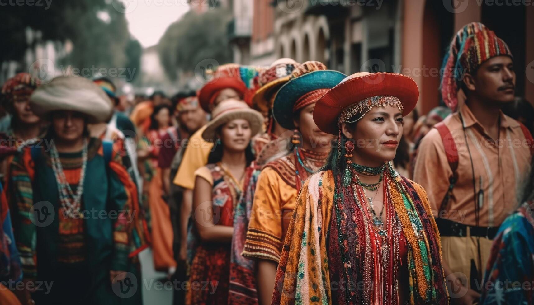 A colorful parade of traditional clothing celebrates indigenous culture generated by AI photo