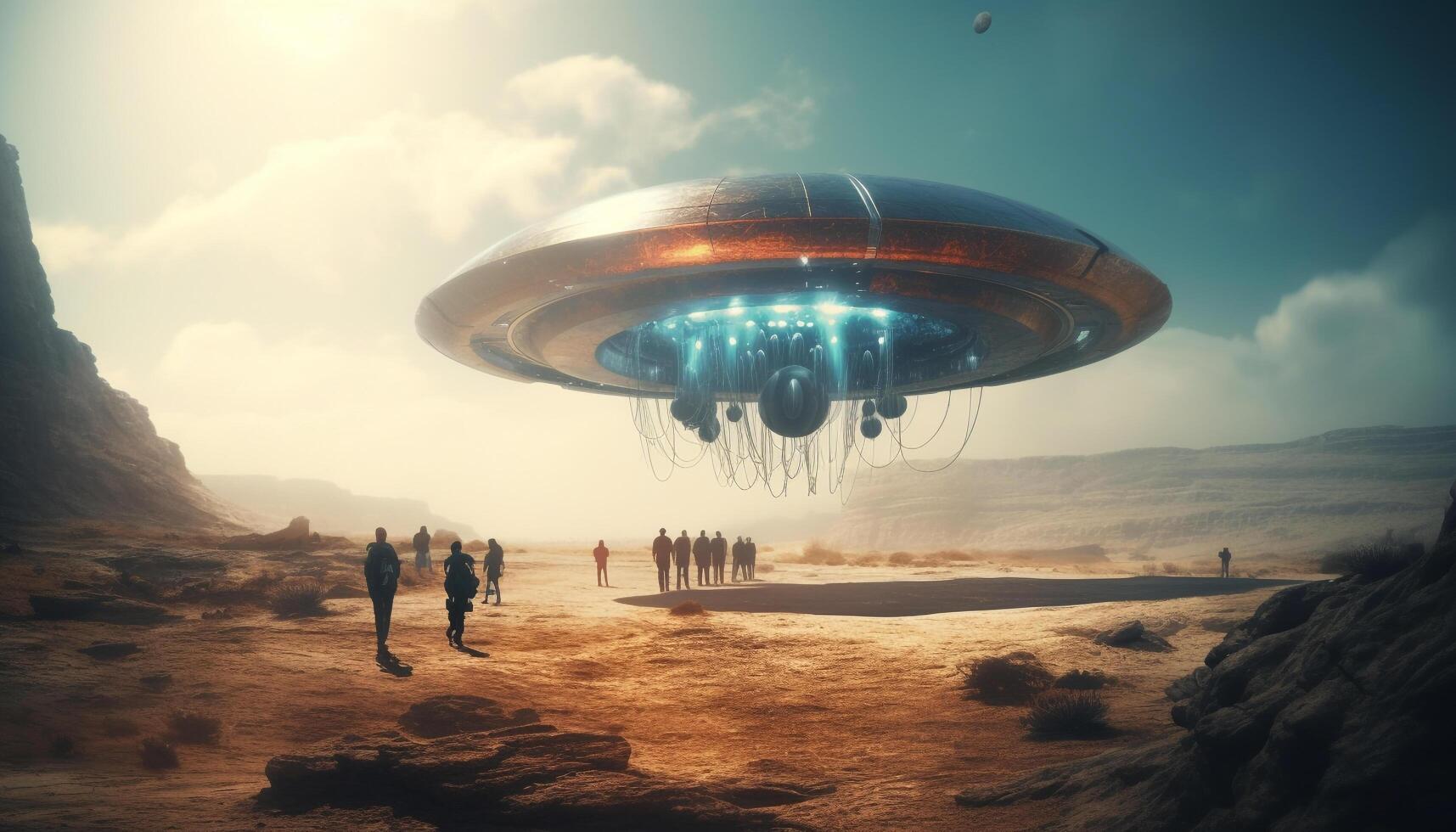 Futuristic spaceship orbits planet in mysterious blue landscape, armed forces present generated by AI photo