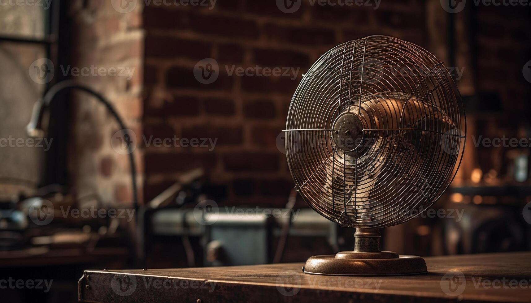 Rusty metal propeller spinning on old electric fan indoors generated by AI photo