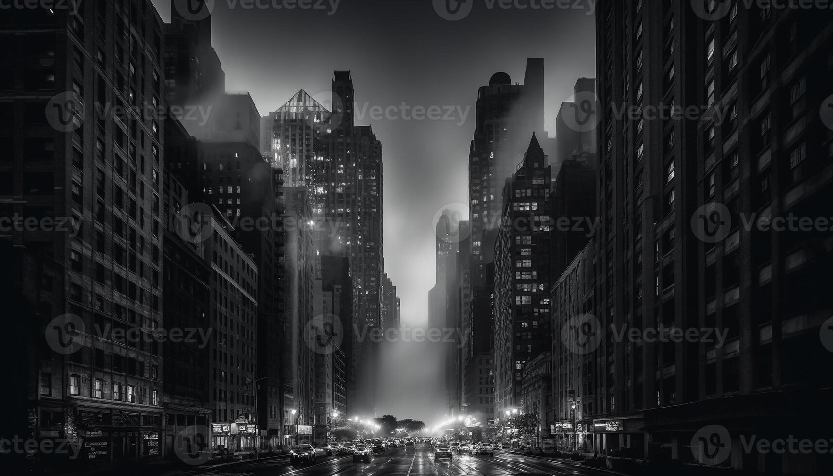 Nighttime cityscape modern architecture, blurred traffic, illuminated skyscrapers, futuristic travel generated by AI photo
