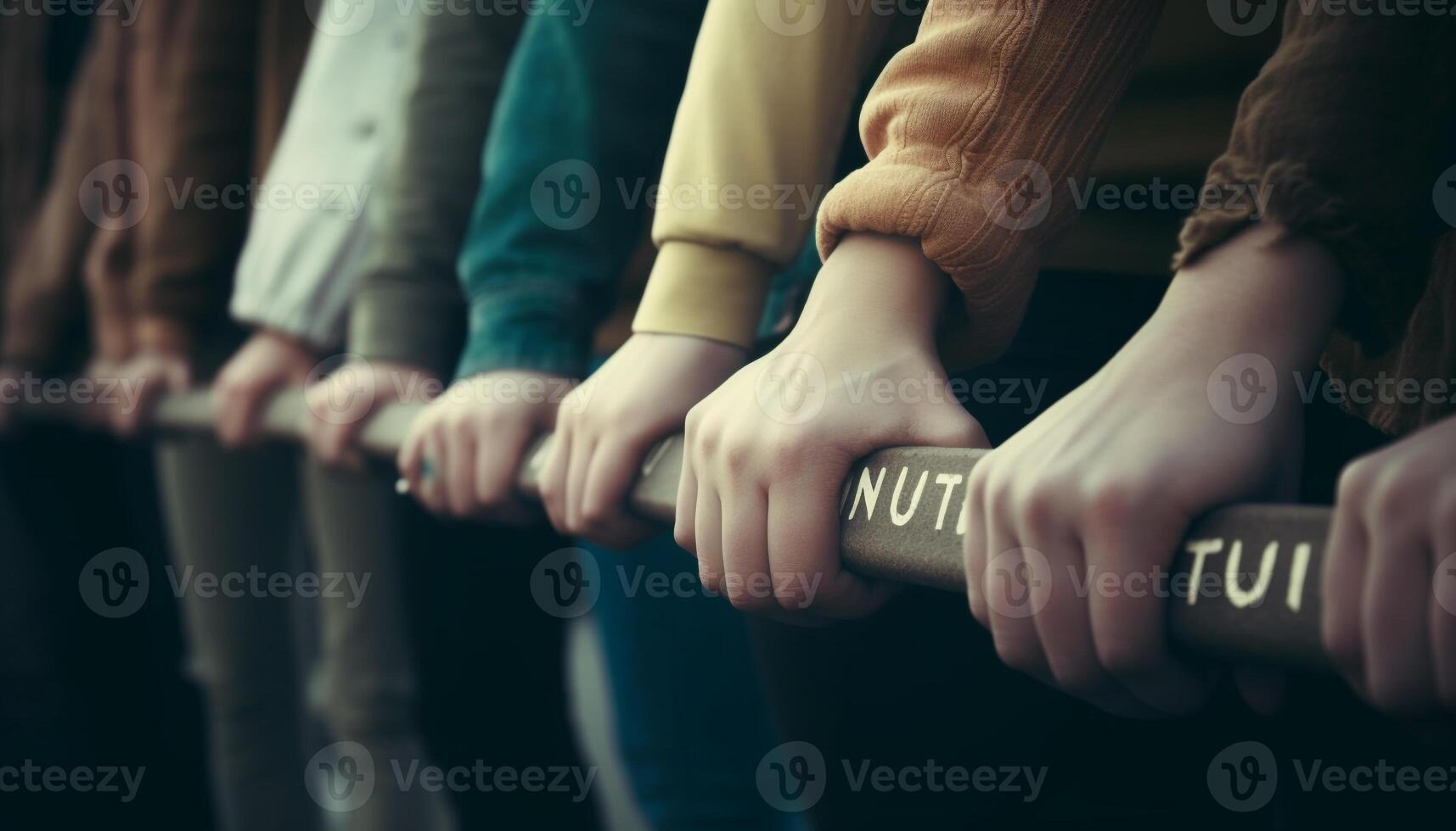 Successful teamwork Men, women, and children holding hands outdoors generated by AI photo