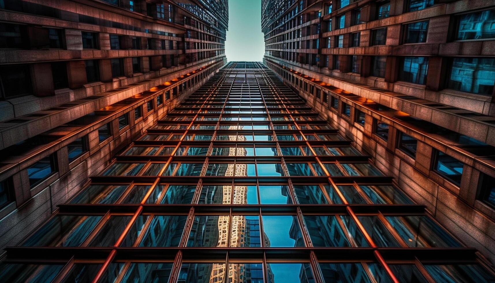 Modern skyscraper illuminates city skyline with futuristic steel and glass generated by AI photo