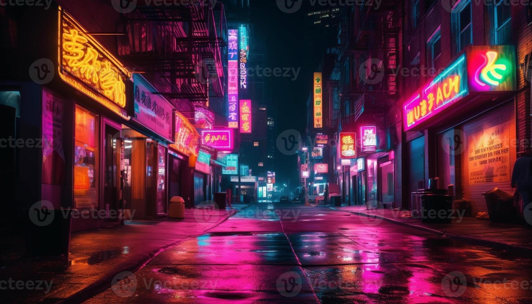 Vibrant nightlife illuminates famous cityscape with multi colored neon signs generated by AI photo