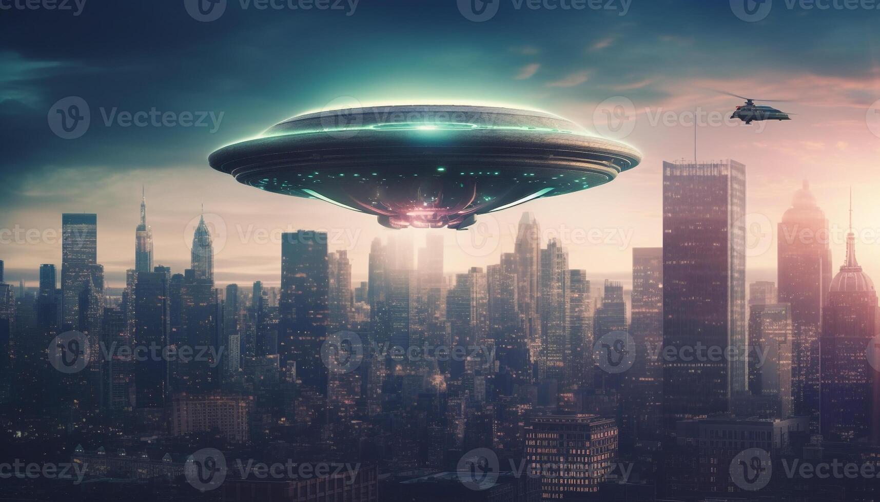 Futuristic spaceship levitates over glowing skyscraper cityscape at dusk generated by AI photo