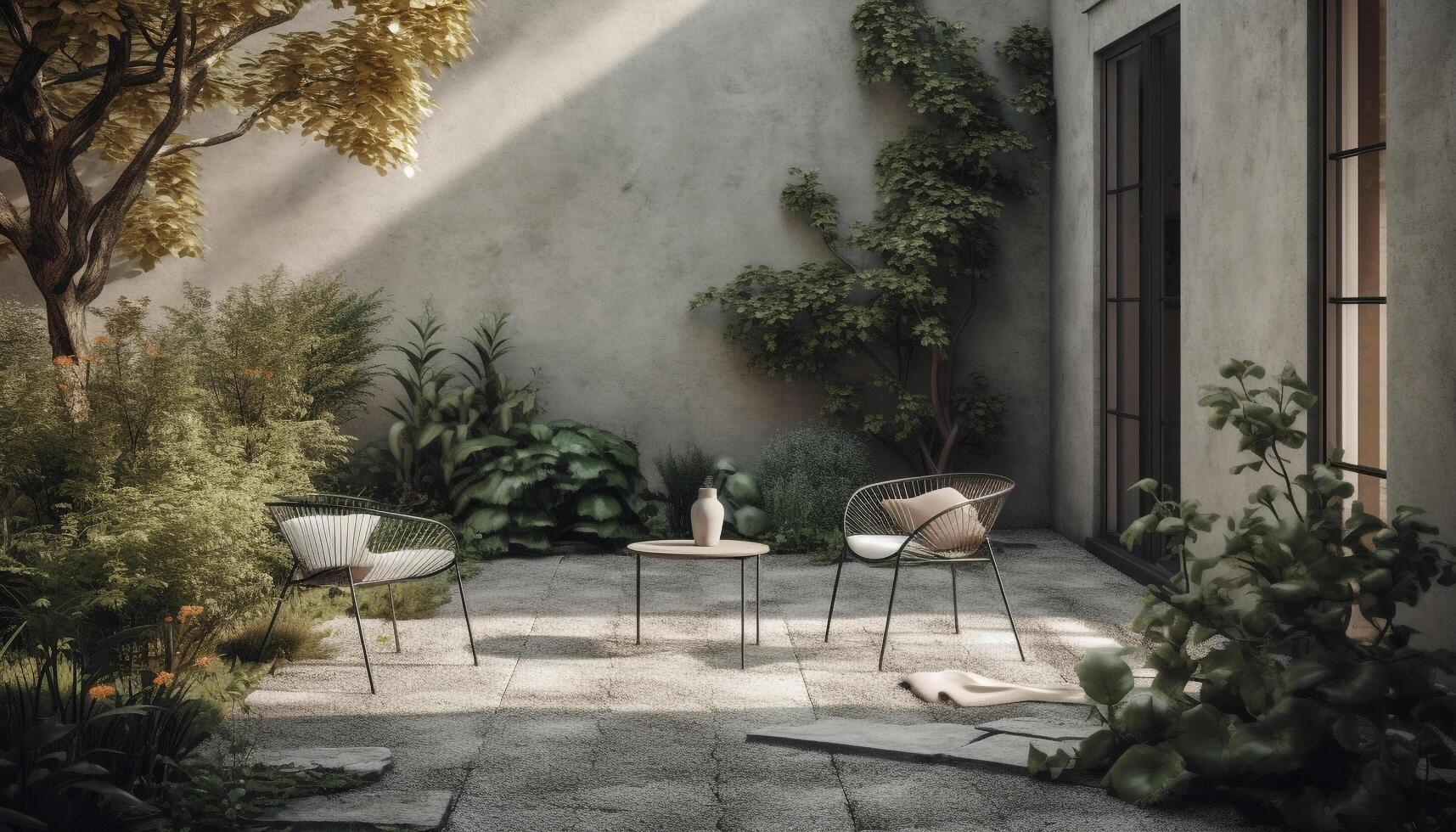 Comfortable armchair on modern patio, surrounded by nature elegance generated by AI photo