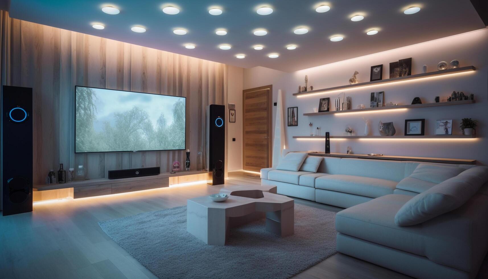 Modern luxury living room with comfortable sofa and illuminated electric lamp generated by AI photo