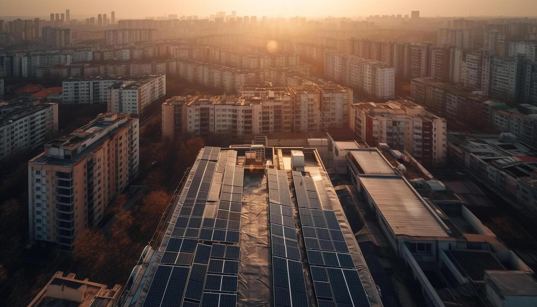 A futuristic city skyline illuminated by the sunset blue light generated by AI photo