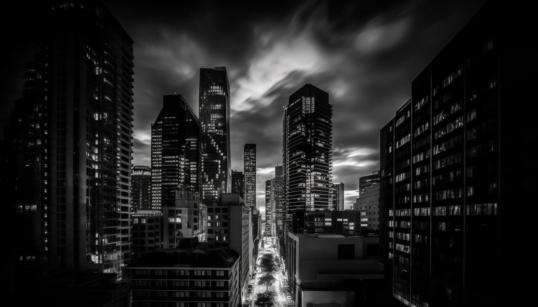 Modern skyscrapers illuminate the black and white cityscape at night generated by AI photo