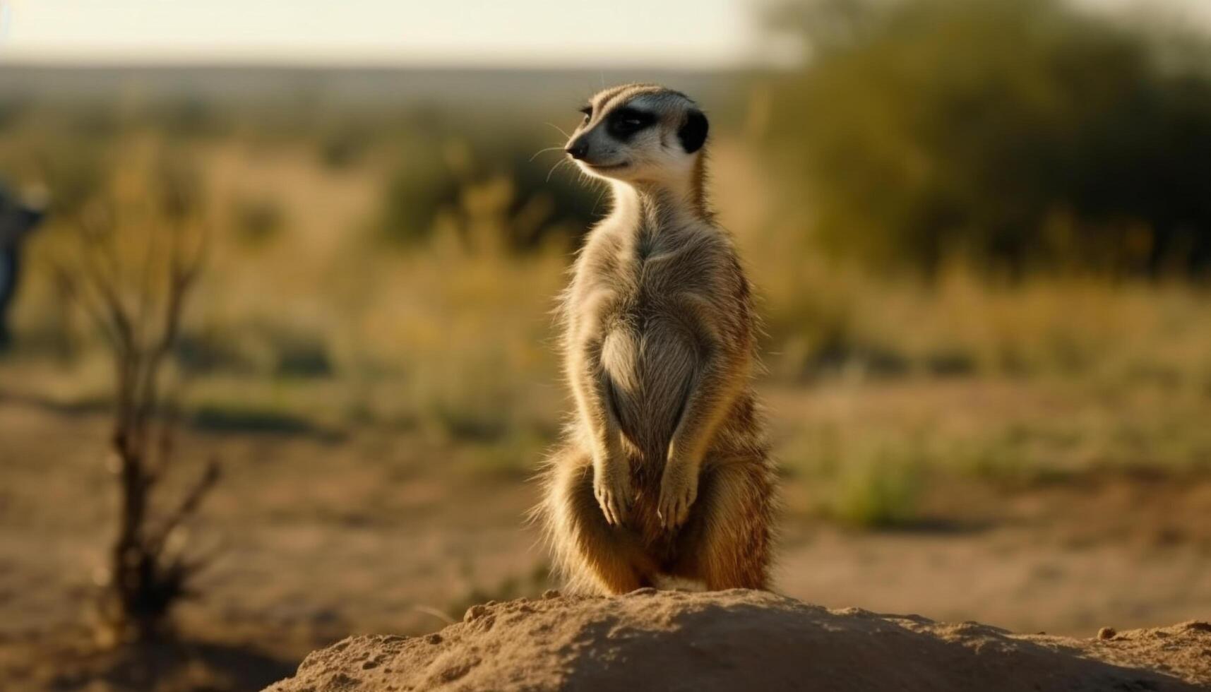 alerta suricata en pie en naturaleza, acecho con linda atención generado por ai foto