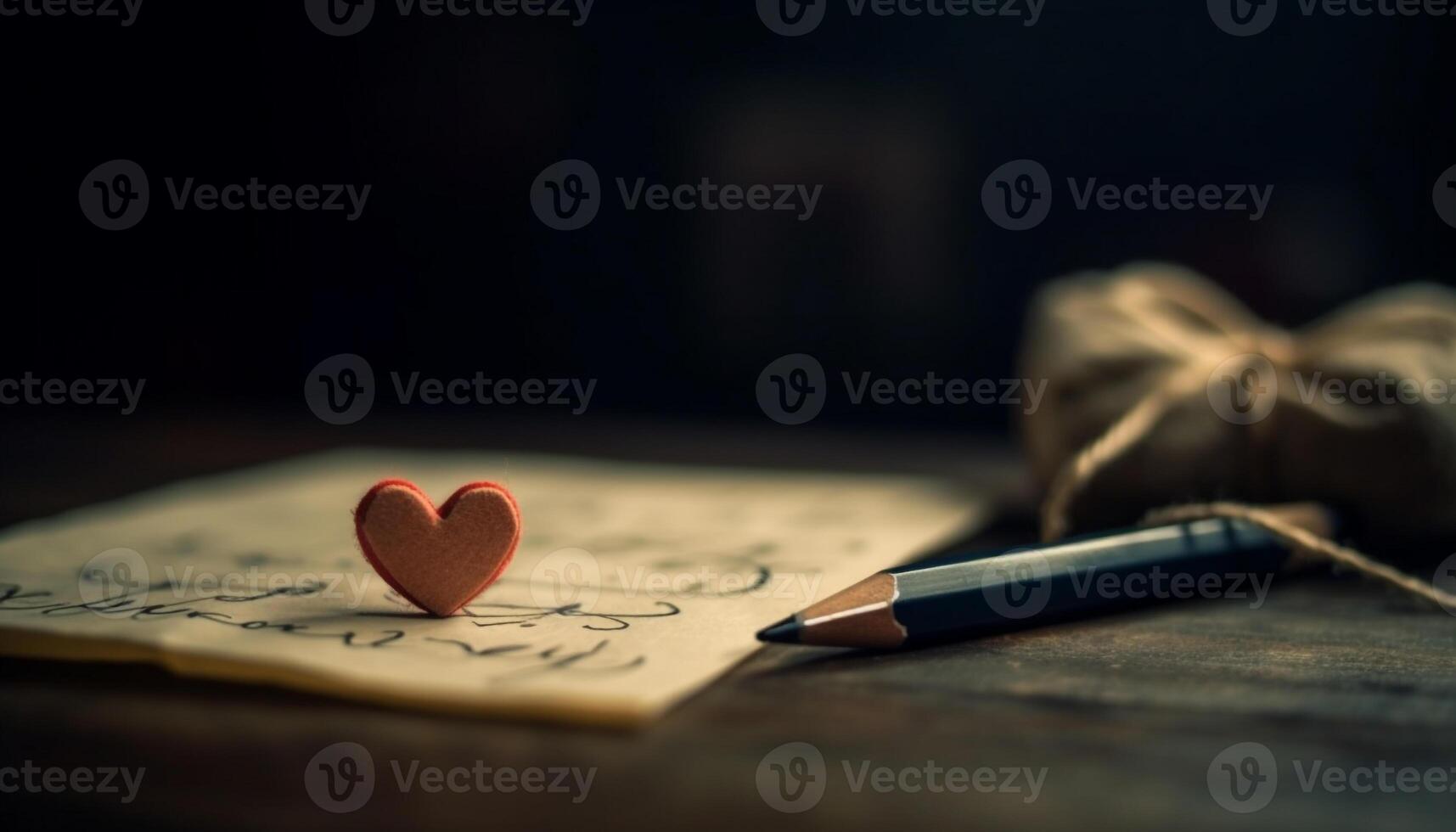 Love letter on rustic wood table, heart shaped paper and pencil generated by AI photo