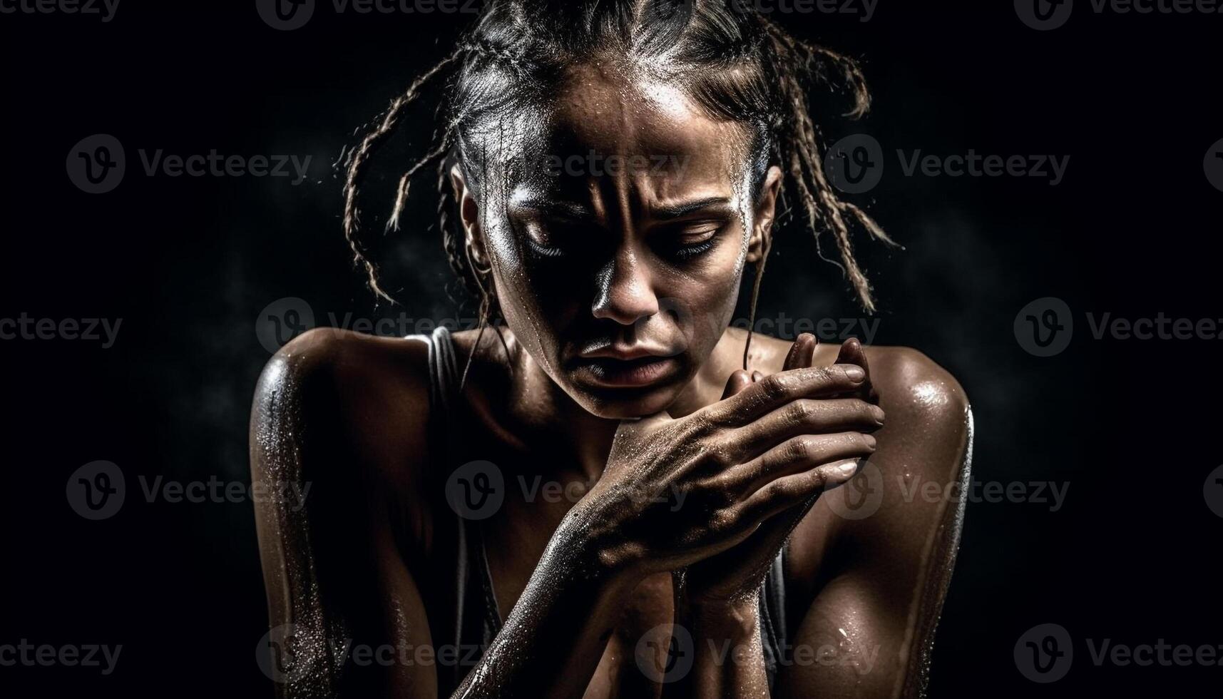 One young woman, portrait on black background, sensuality indoors generated by AI photo