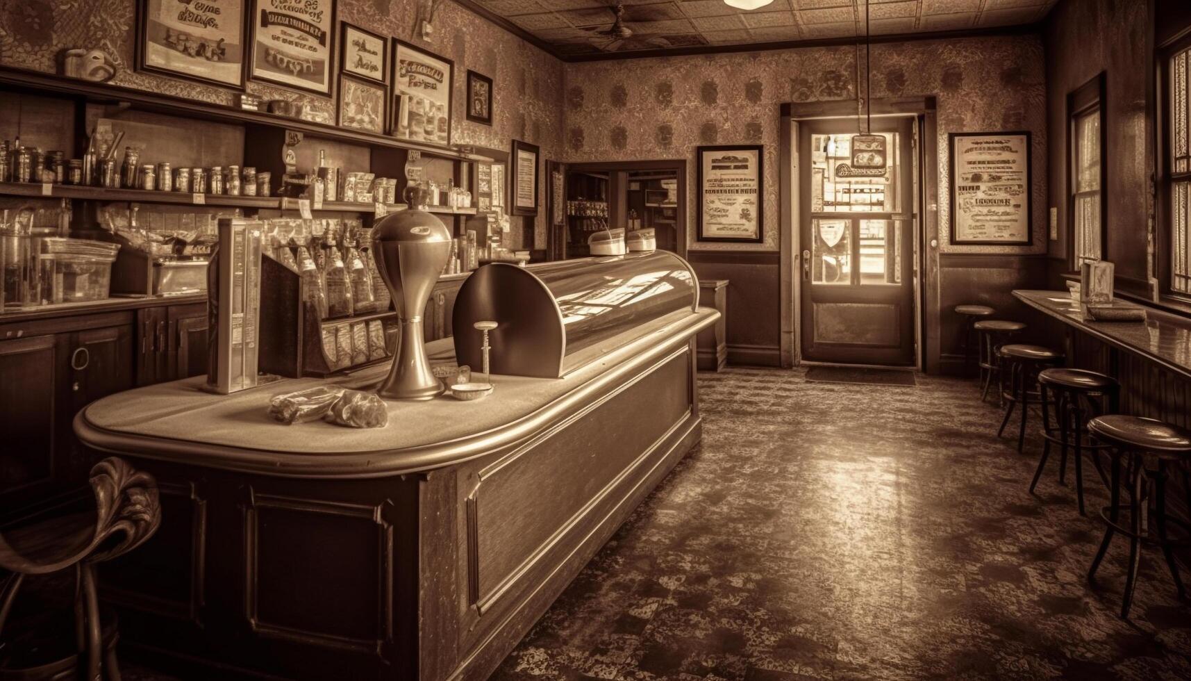 rústico elegancia en un moderno cocina madera, mármol, y monocromo generado por ai foto