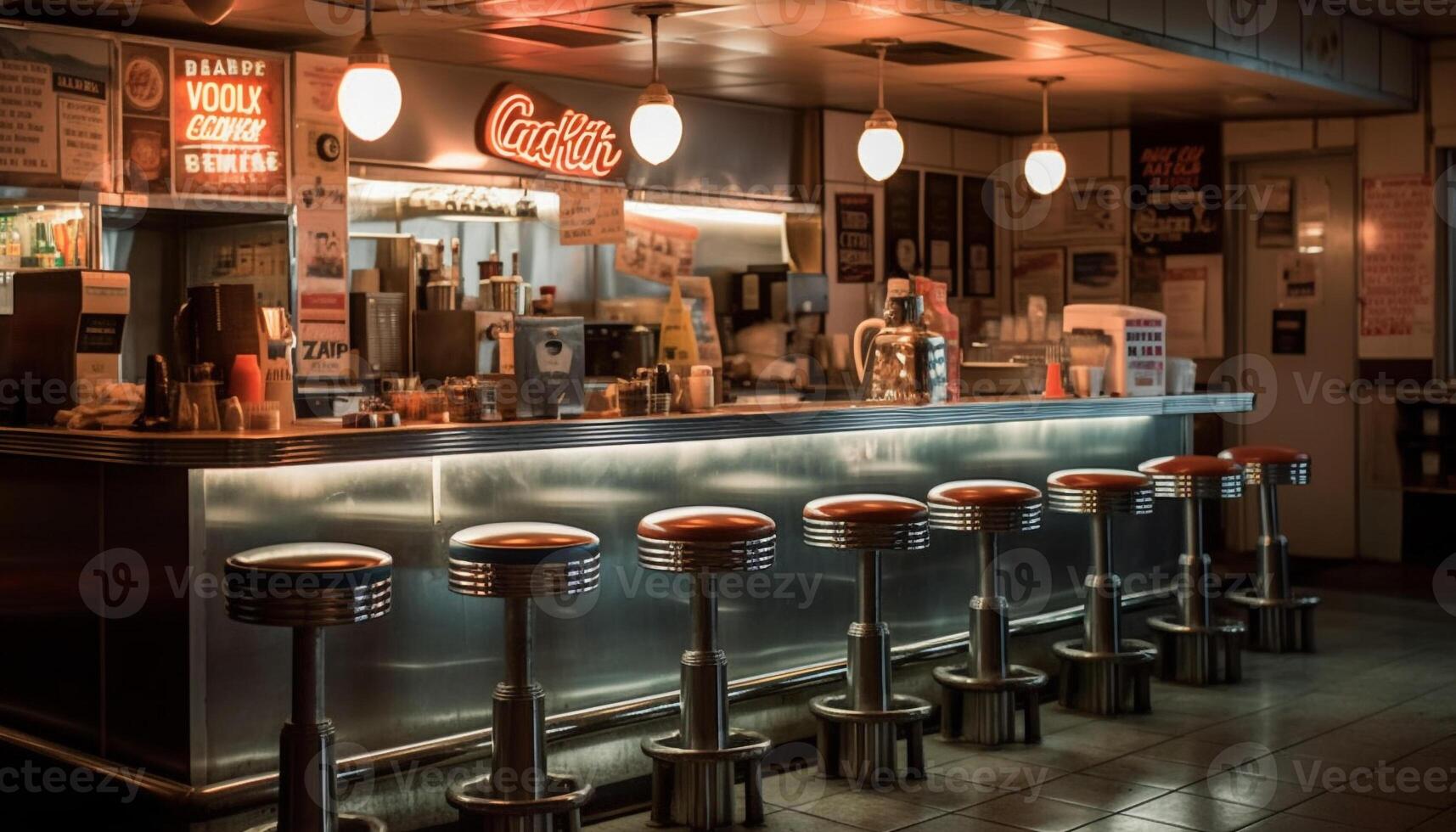 Modern bar counter illuminated with steel lighting equipment and machinery generated by AI photo