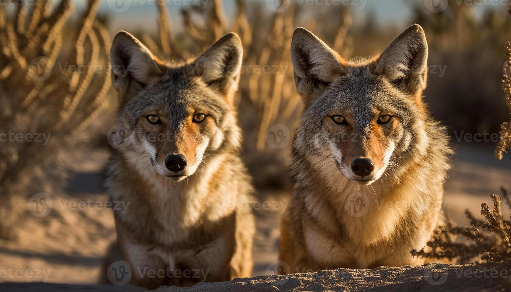 Gray wolf and red fox sitting in winter wilderness area generated by AI photo