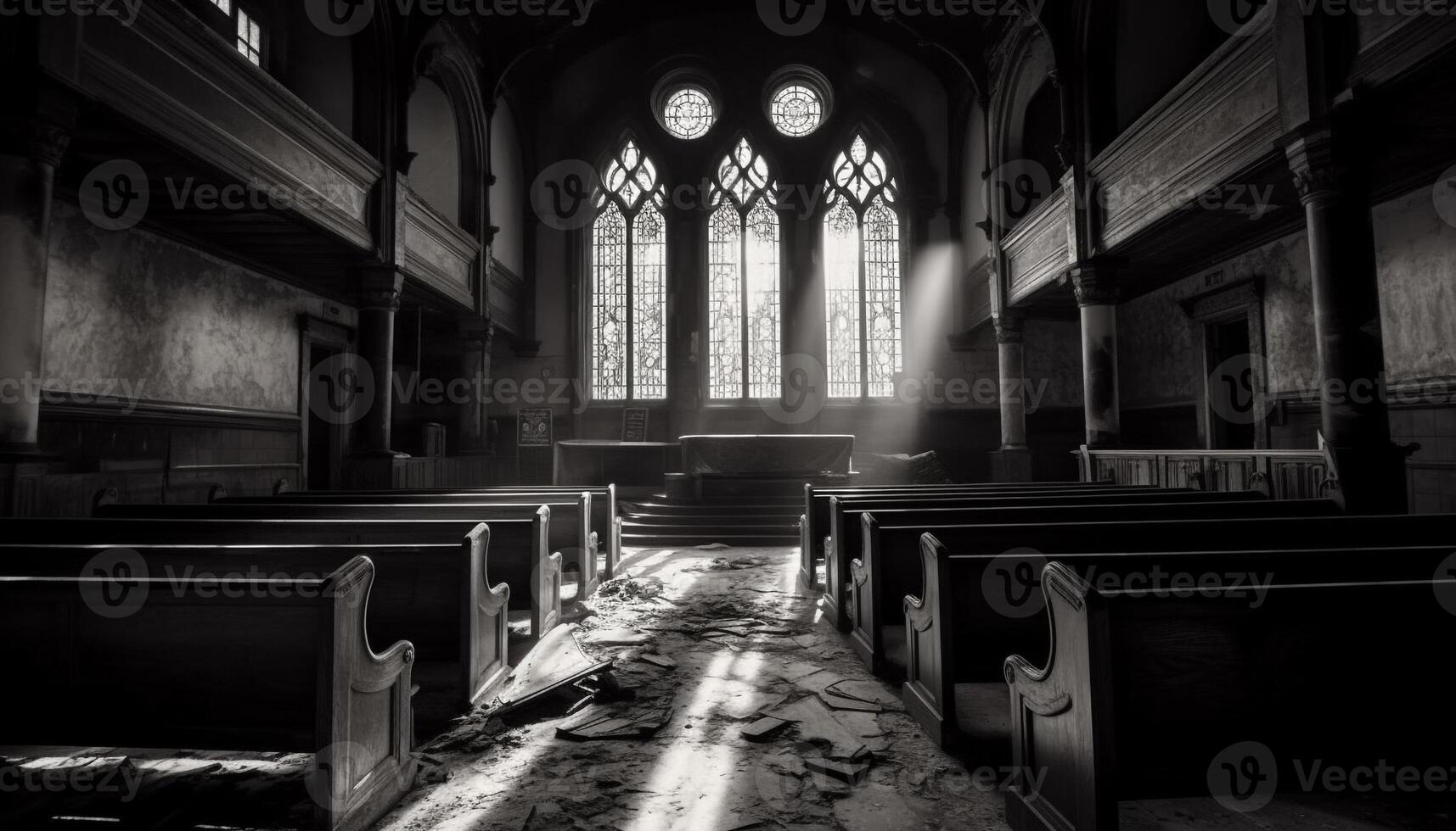 Inside the ancient chapel, the old pew faces the altar generated by AI photo