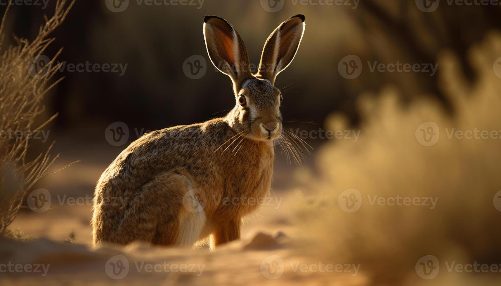 A cute hare sitting in the grass, alert and focused generated by AI photo