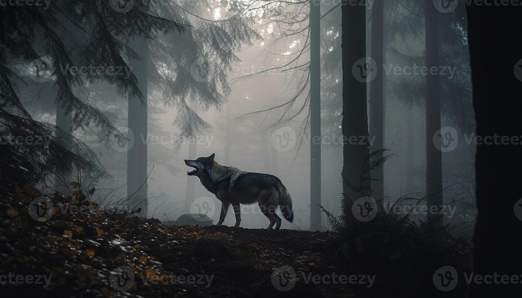 A spooky wolf howling in the dark autumn forest generated by AI photo