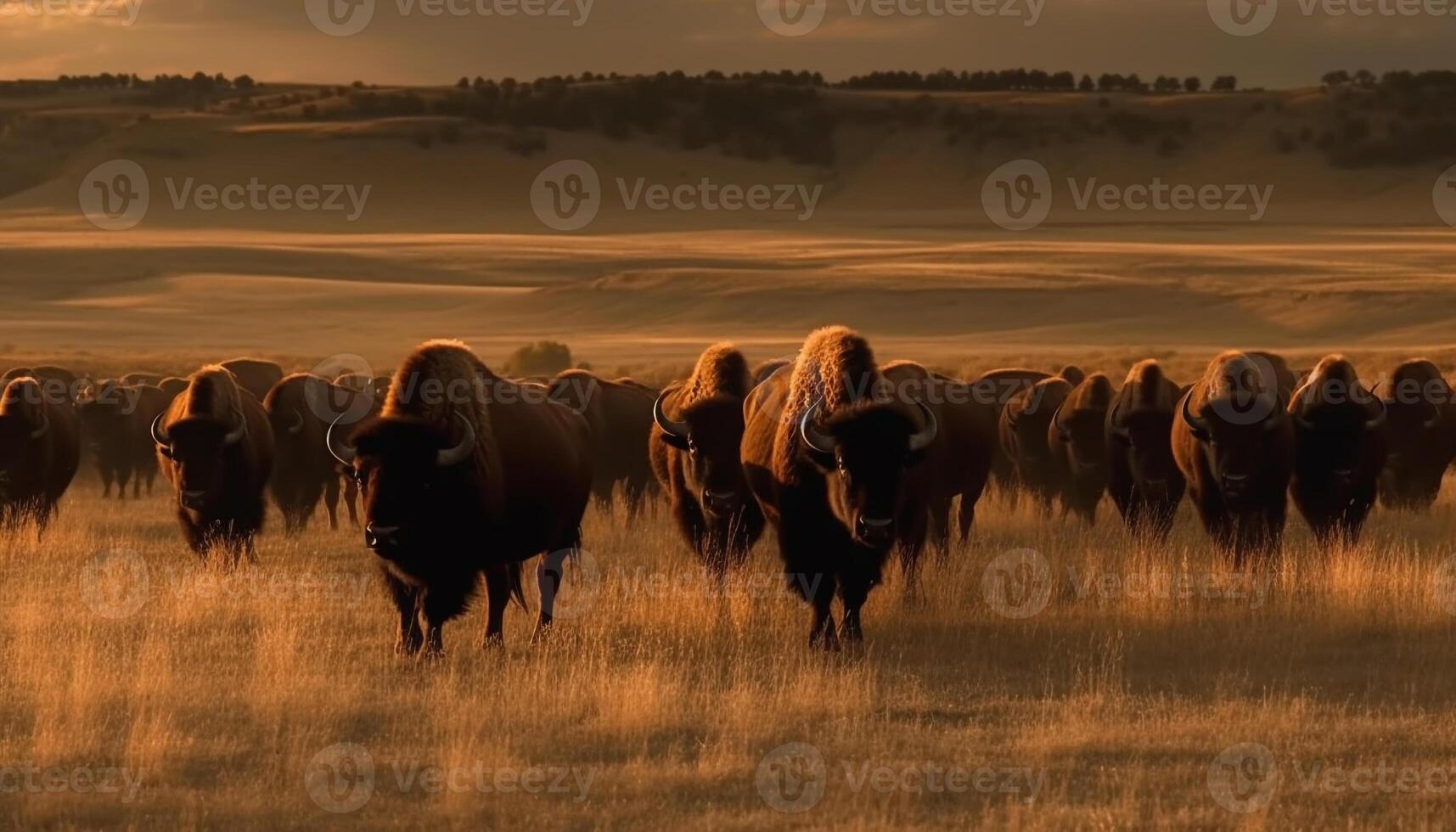 A tranquil sunset over a large herd of grazing cattle generated by AI photo