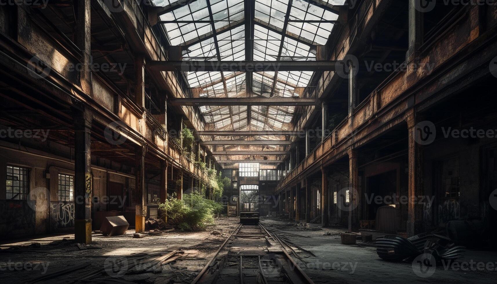 Abandoned factory, rusty metal, broken windows, spooky atmosphere, vanishing point generated by AI photo
