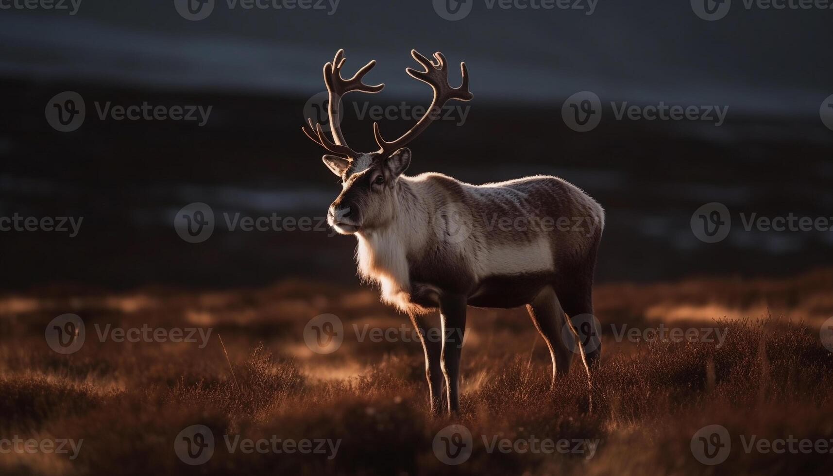 A majestic stag grazes in the tranquil wilderness at dusk generated by AI photo
