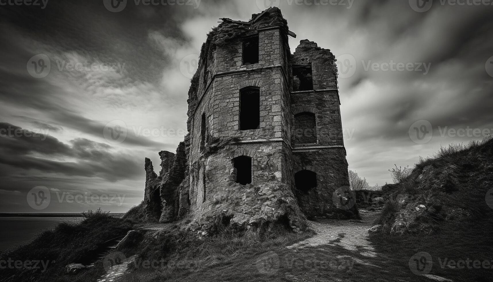 abandonado capilla en escalofriante rural escena, un Monumento a historia generado por ai foto