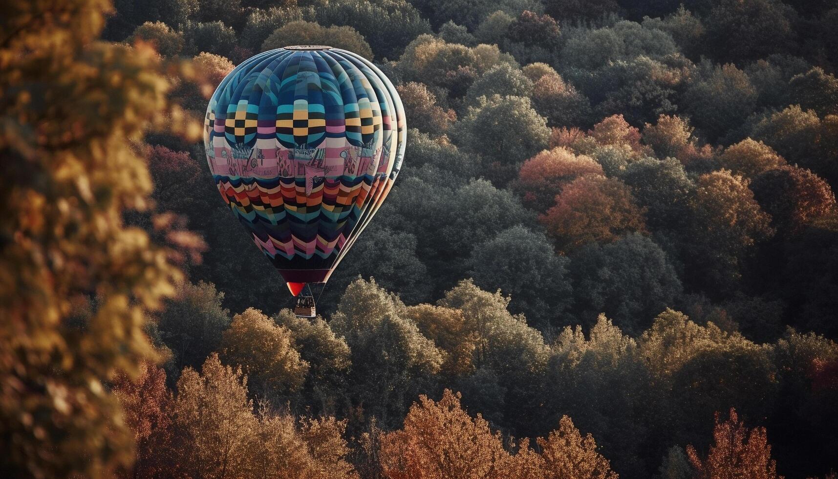Levitating hot air balloon flies over multi colored autumn landscape generated by AI photo