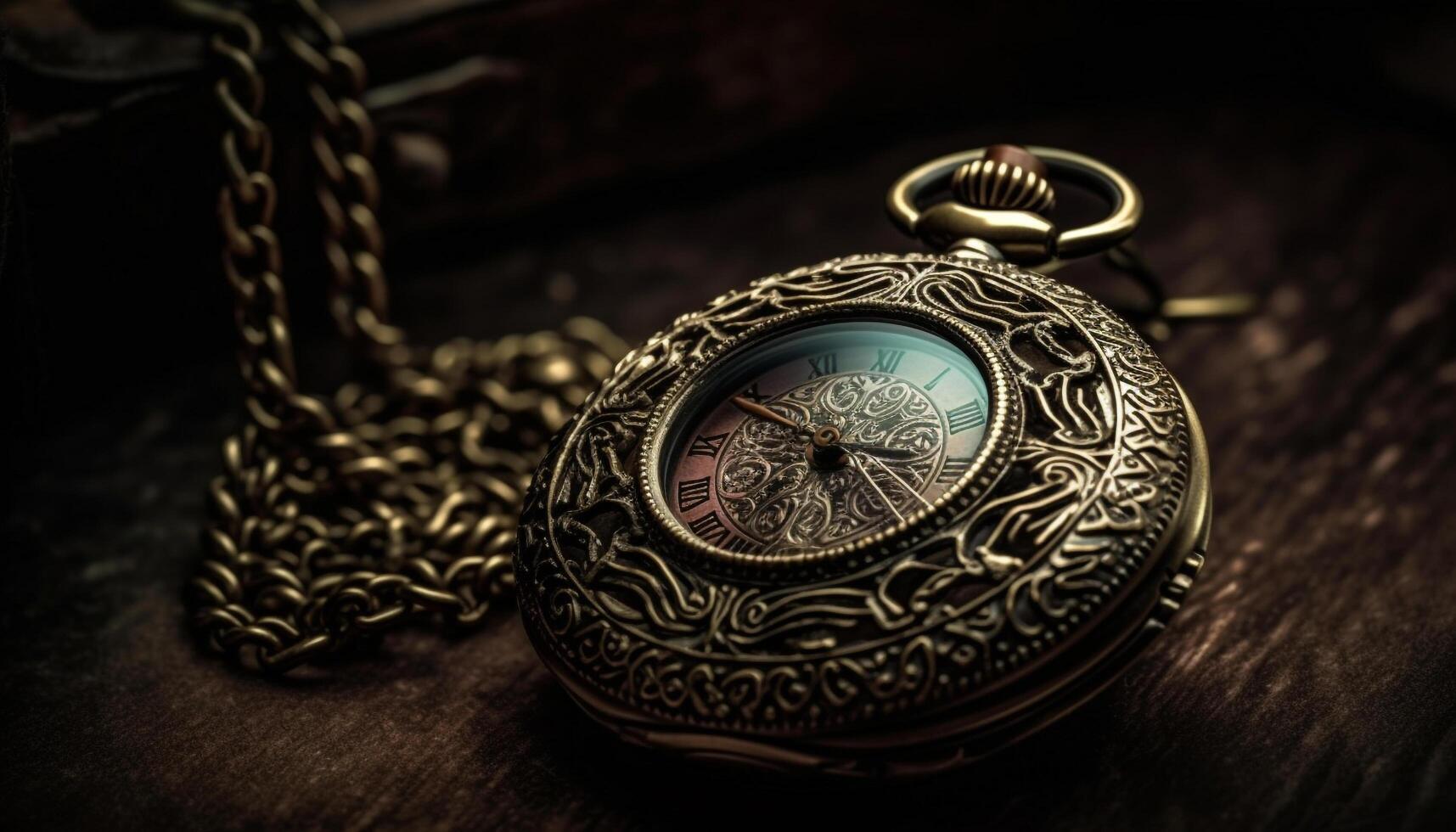 Antique pocket watch guides adventure with nautical compass on table generated by AI photo