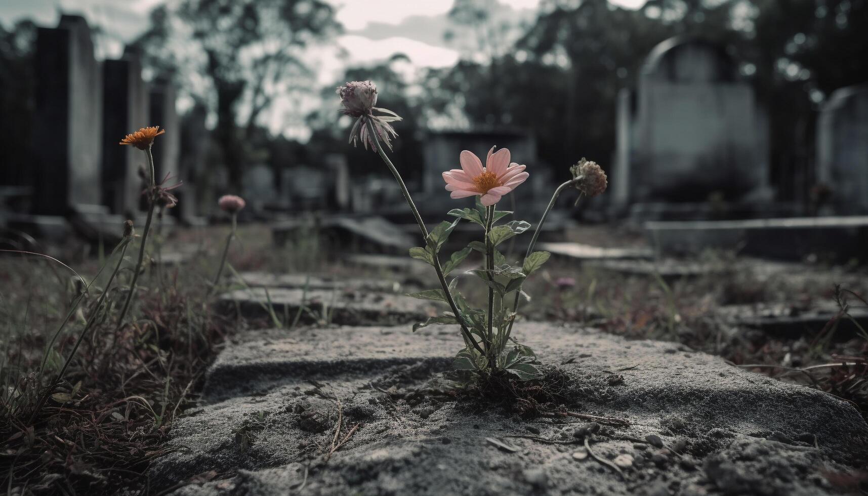 Abandoned tombstone in rural meadow, symbol of death and grief generated by AI photo