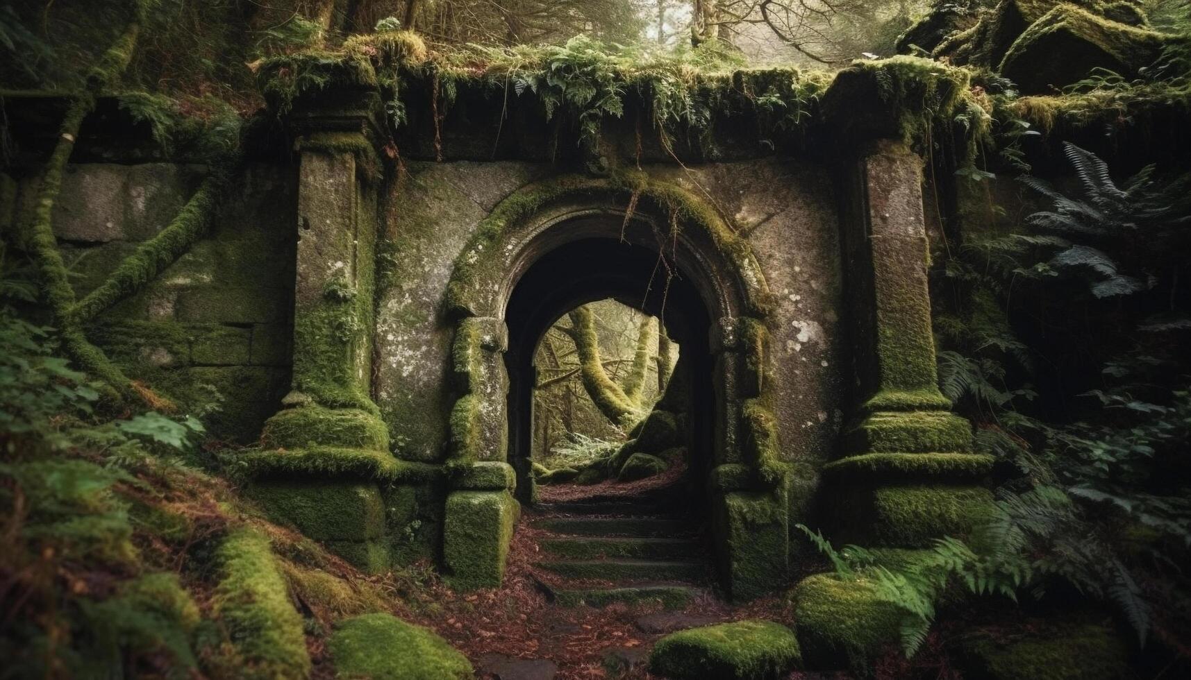 The ancient ruined arch stands tall in the overgrown forest generated by AI photo