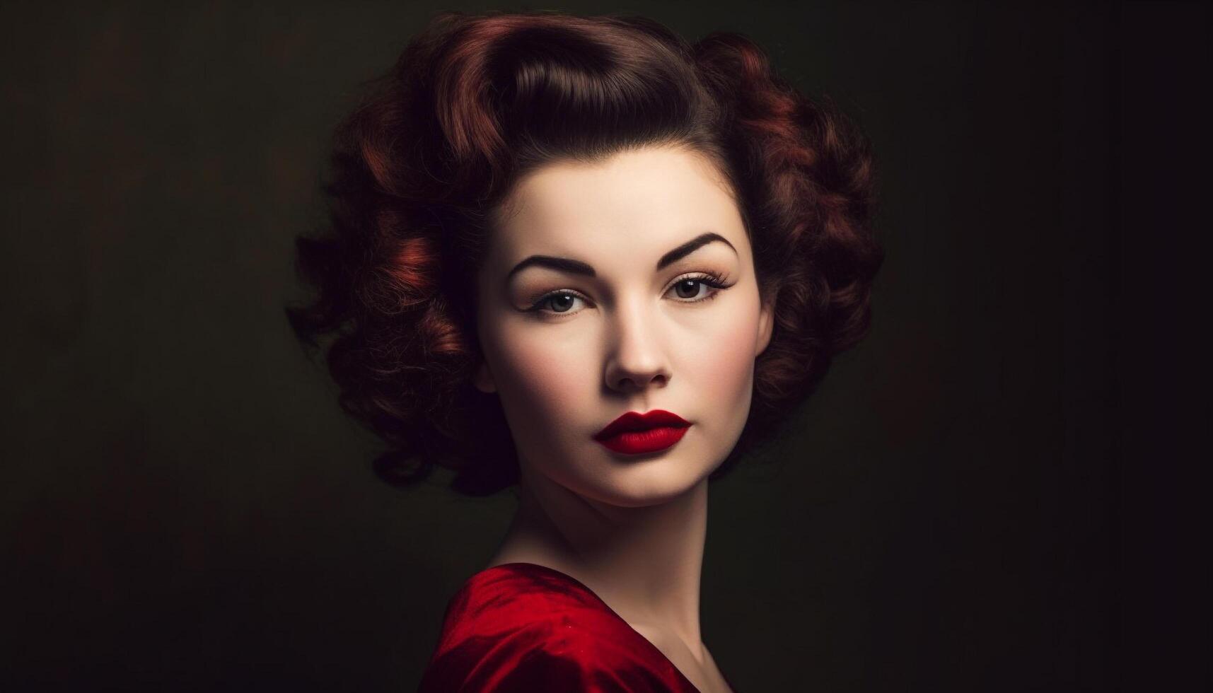 Beautiful woman with curly brown hair exudes elegance and sensuality generated by AI photo