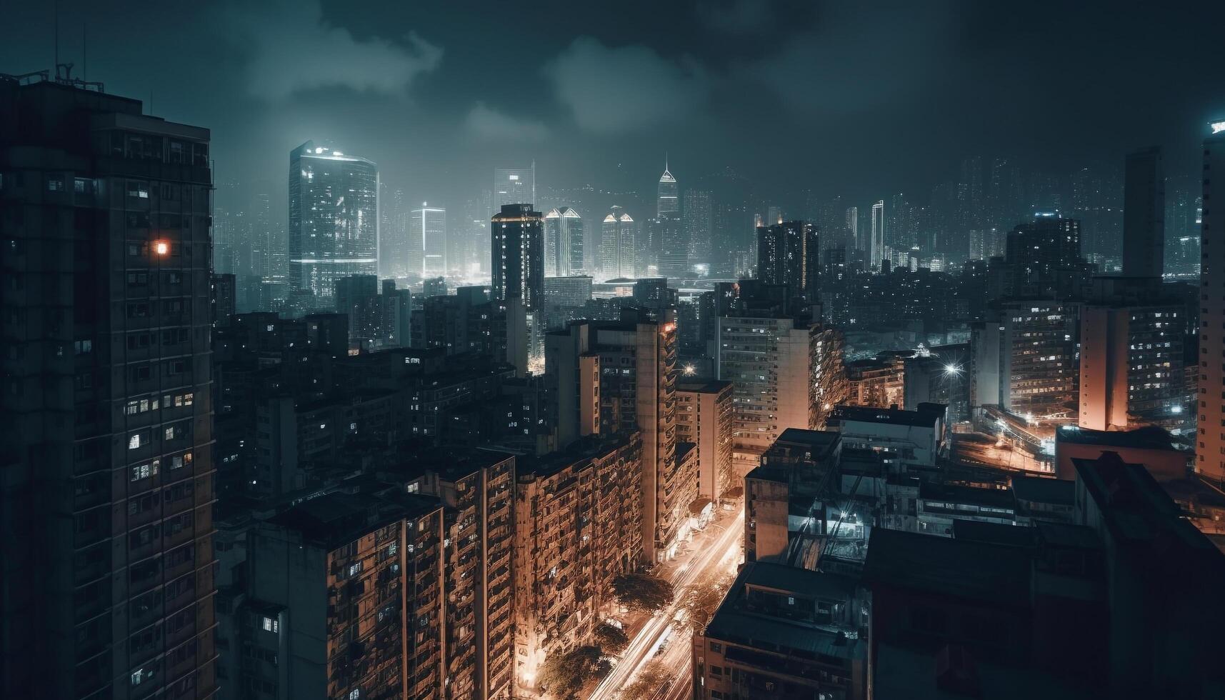 ciudad horizonte brilla con moderno arquitectura, bullicioso tráfico y la vida nocturna generado por ai foto